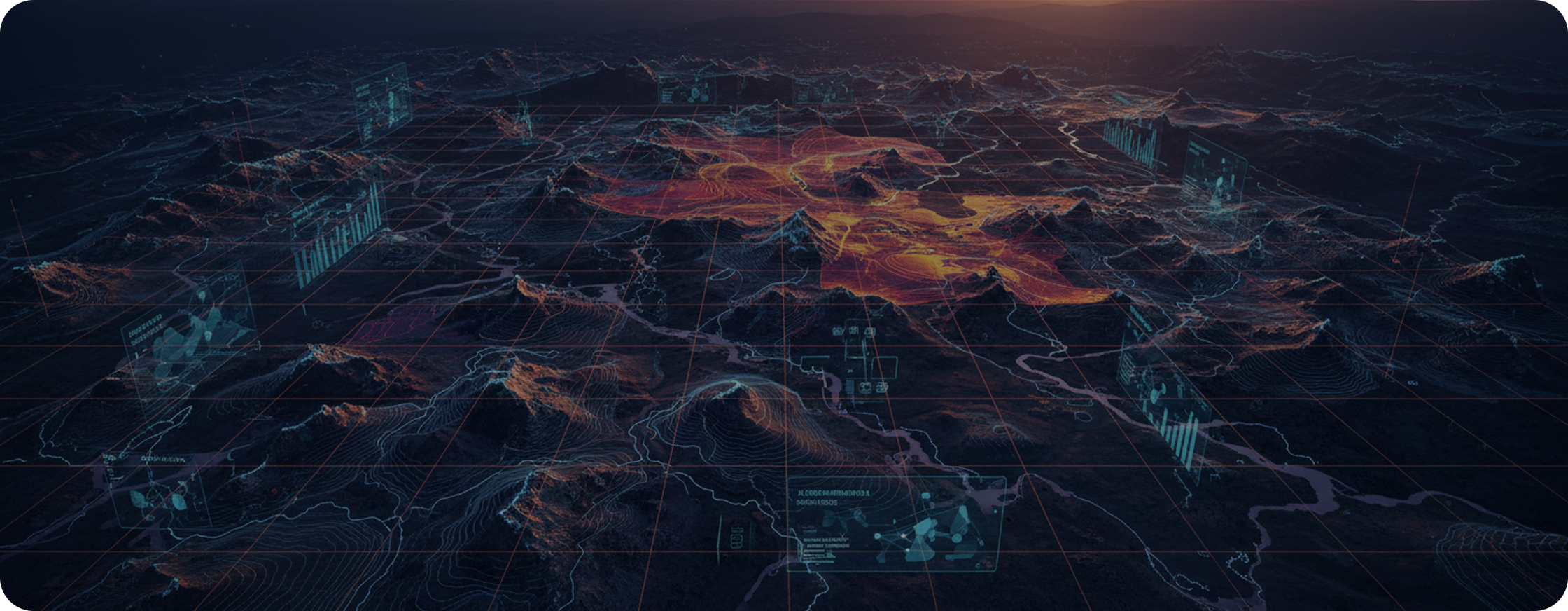 Terrain analysis view with contour lines, a coverage grid, and a highlighted heat zone